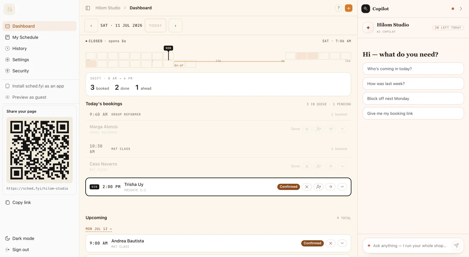 Hilom Studio calendar showing the day's bookings.