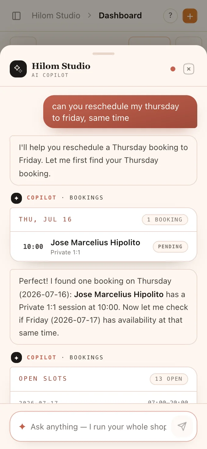 Copilot conversation alongside the booking calendar.