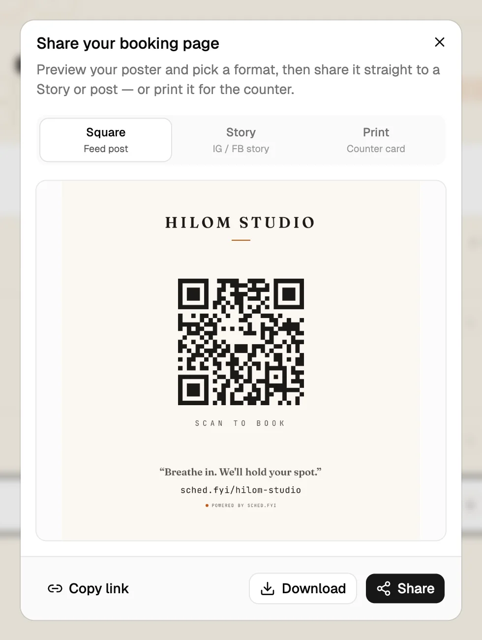 Hilom Studio's shareable booking link and QR code.